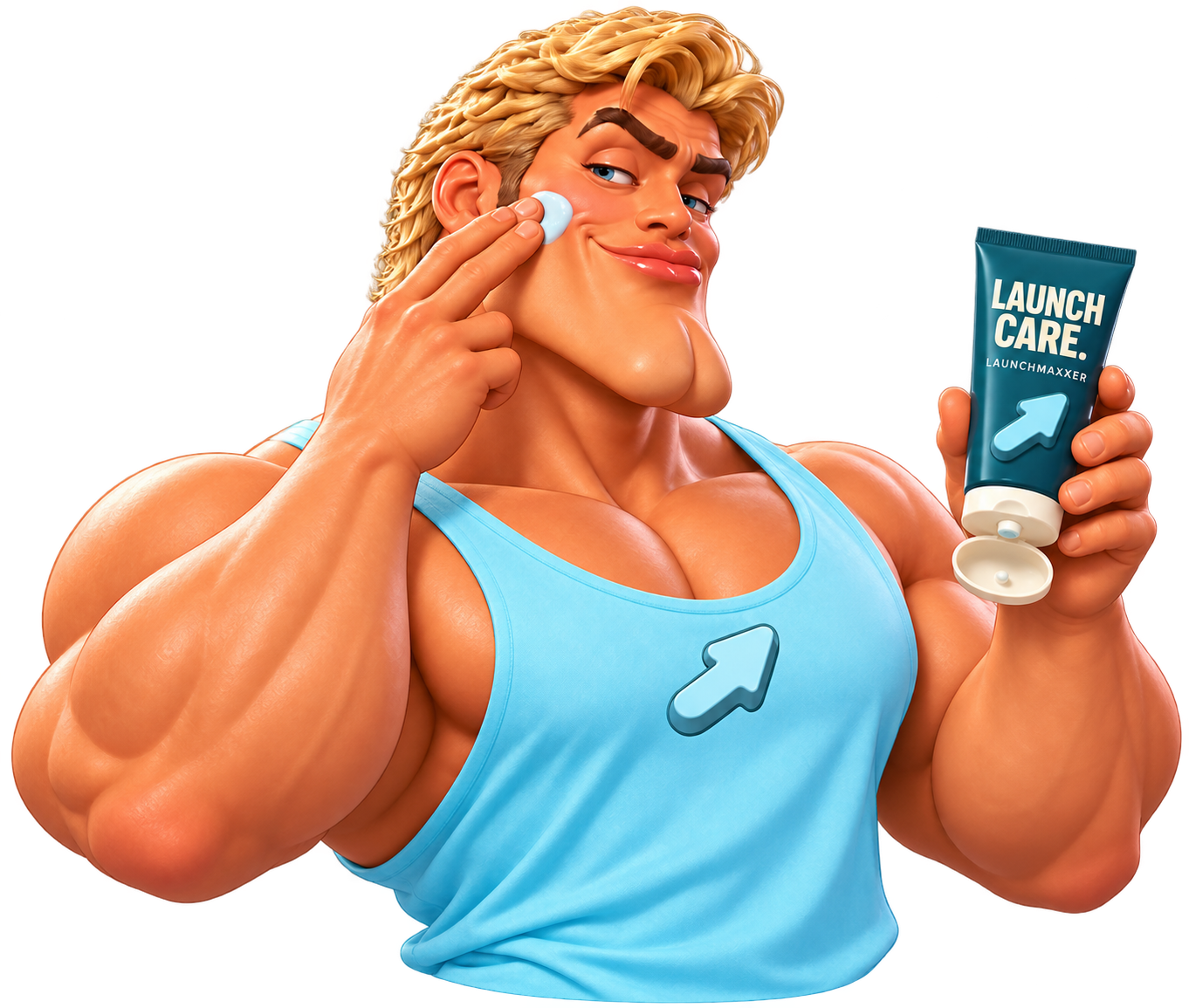 Launchmaxxer smugly applying cream to his cheek while presenting his Launchcare tube.