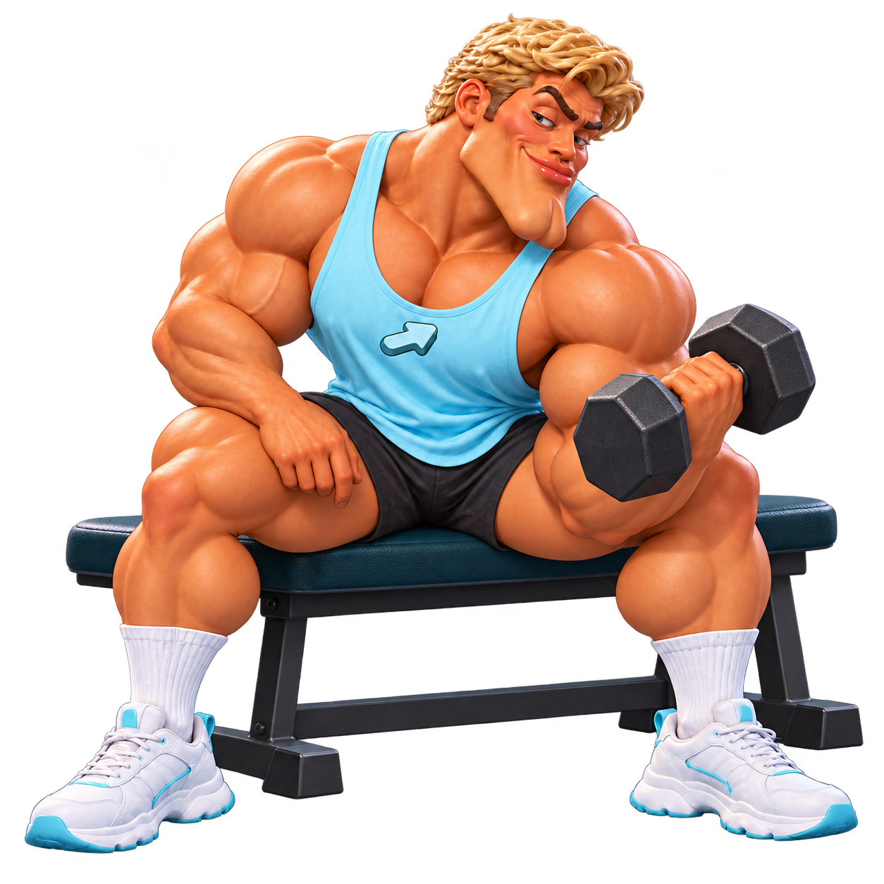 The smug blond Launchmaxxer coach seated on a gym bench, leaning forward and admiring his bicep during a dumbbell curl.